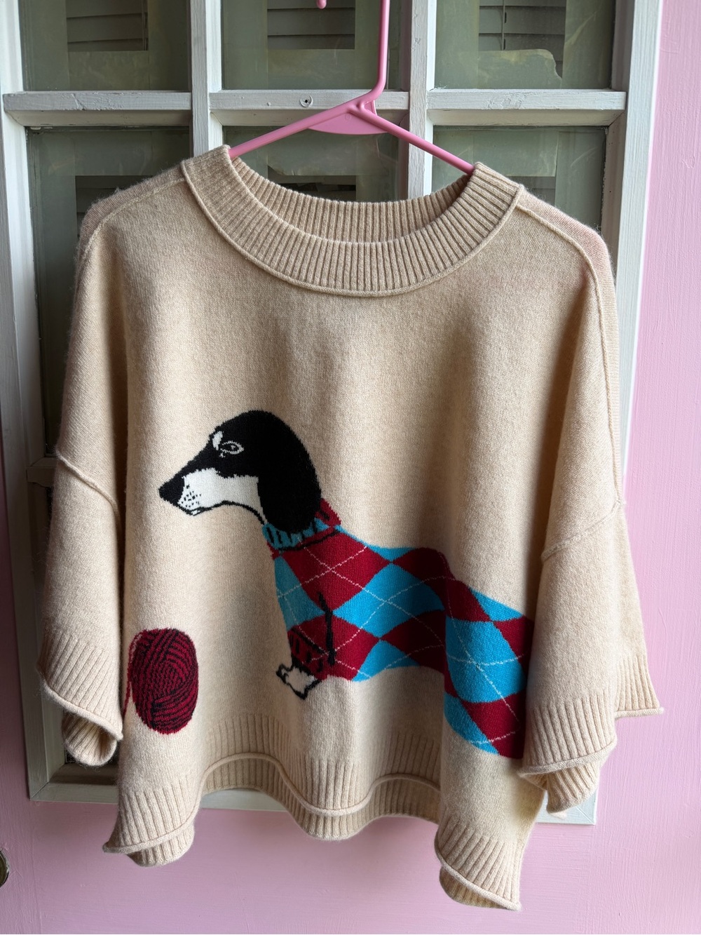 Anthropologie Beige Sweater with Dog & Argyle Motif